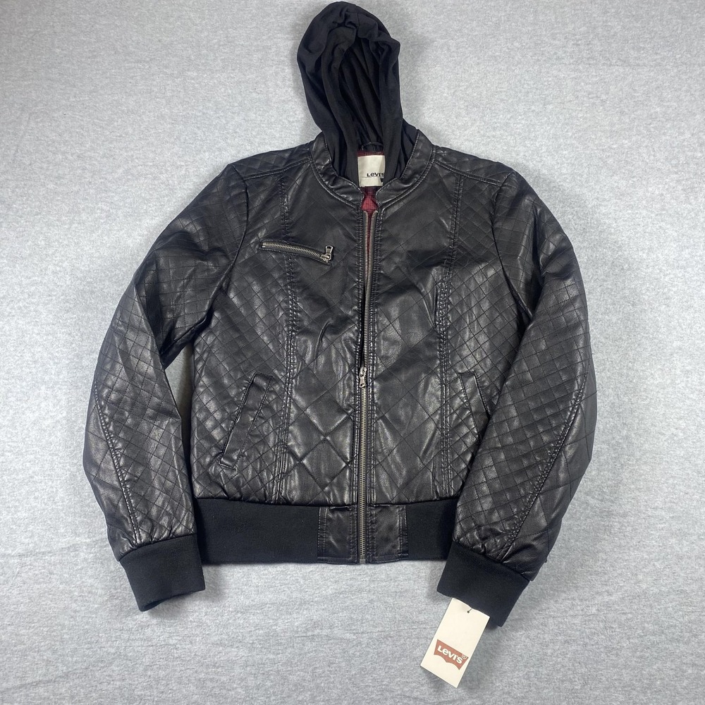 Levis Jacket Womens Large Black Faux Leather Quilted Hooded Bomber‎ Moto